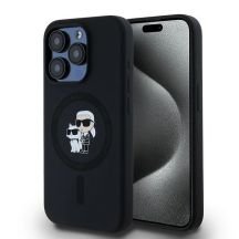 Karl Lagerfeld Silikon Karl&Choupette MagSafe Hülle für iPhone 15 Pro – Schwarz