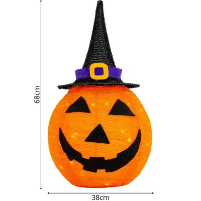 19. Dekorativer Kürbis mit Hut, 68 cm, Halloween, 30 LEDs