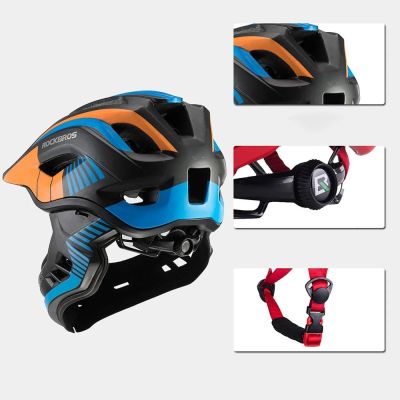 3. Rockbros TT-32SOBL-M Kinderfahrradhelm mit abnehmbarem Kinnbügel, Größe M – Schwarz und Orange