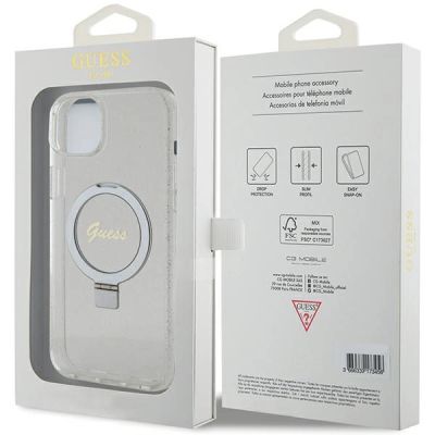 8. Guess GUHMP15MHRSGSD iPhone 15 Plus / 14 Plus 6,7" transparent/transparentes Hardcase Ring Stand Script Glitter MagSafe