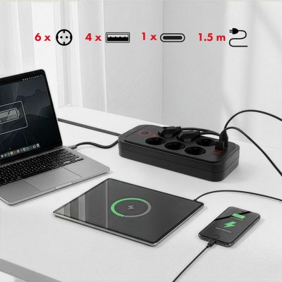 9. MACLEAN Steckdosenleiste, Verlängerungskabel mit 6 Steckdosen + 4 USB-Anschlüssen, 110–240 V Wechselstrom, 50/60 Hz, max. 2,1 A, 2500 W, 1,5 m, Schwarz, MCE389 B