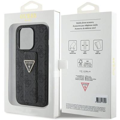 9. Guess Grip Stand 4G Triangle Strass Hülle für iPhone 15 Pro – Schwarz