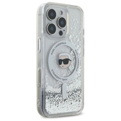 4. Karl Lagerfeld Flüssigglitzer-Magsafe-Hülle mit Karl-Kopf für iPhone 16 Pro – Transparent