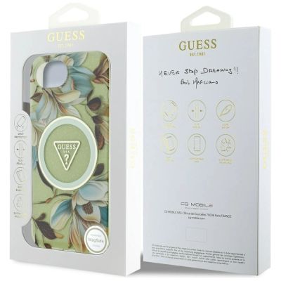 8. Guess IML Metal Glitter Flowers Triangle MagSafe iPhone 16e Hülle - Grün