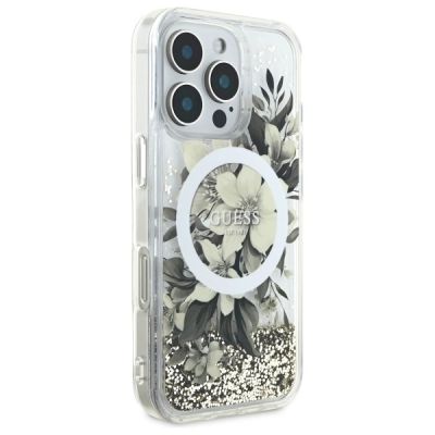 4. Guess Liquid Glitter Flower MagSafe Hülle für iPhone 16 Pro – Beige