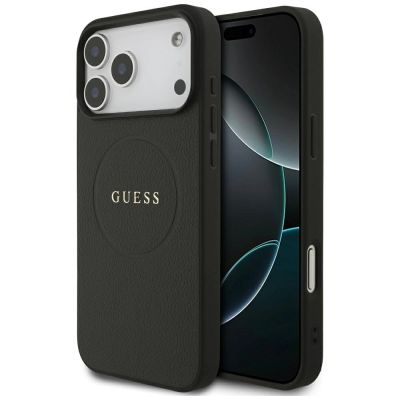 Guess MagSafe Hülle mit genarbtem Goldring für iPhone 18 Pro Max / 17 Pro Max – Schwarz