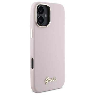 4. Guess Silikon Script Metal Logo & Frame Hülle für iPhone 16 – Rosa