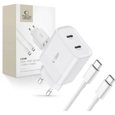 Tech-Protect C20W 2x USB-C PD 20W Netzwerkladegerät mit USB-C/USB-C-Kabel – Weiß