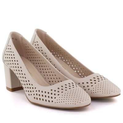 3. Beige Pumps mit Lochmuster und Blockabsatz, Sergio Leone PB848