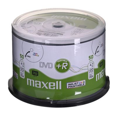 MAXELL DVD+R 4,7 GB, 50 Stück pro Spindel. 16-fache Schreibgeschwindigkeit, 120 Min. Bedruckbare Discs für Tintenstrahldrucker. Verwendungszweck: Multimedia.
