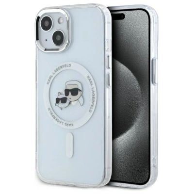 Karl Lagerfeld IML Metal Karl&Choupette Head MagSafe iPhone 15 Hülle - Weiß