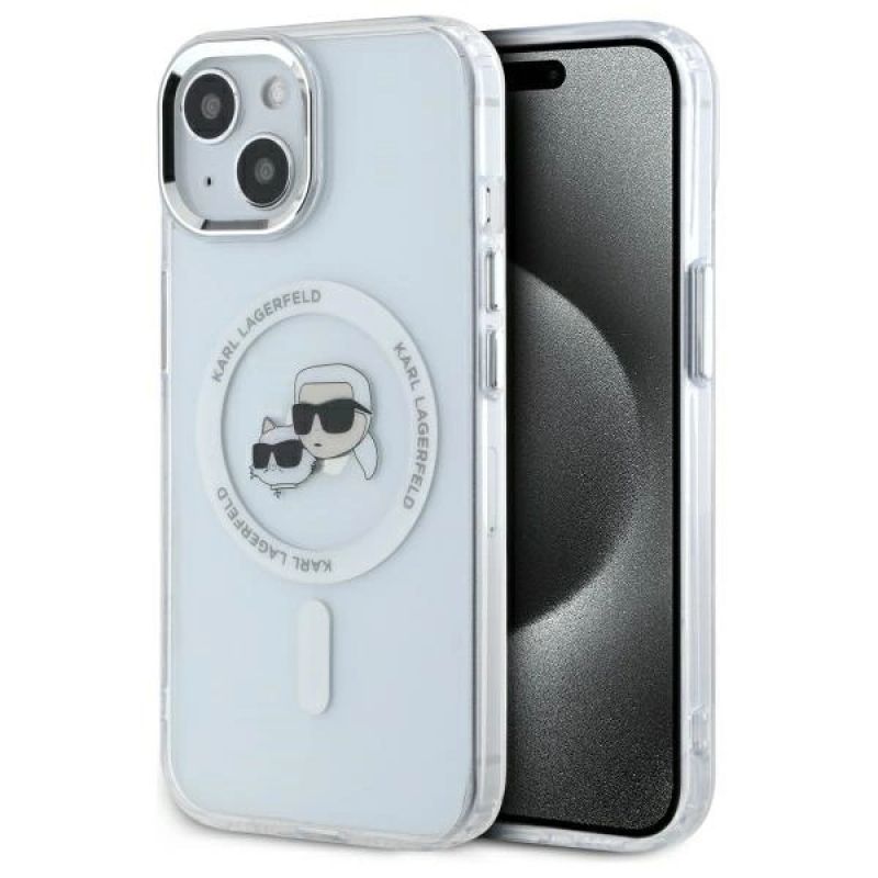 Karl Lagerfeld IML Metal Karl&Choupette Head MagSafe iPhone 15 Hülle - Weiß