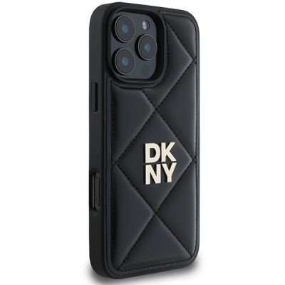 4. DKNY – Gesteppte iPhone 16 Pro-Hülle mit Stapellogo – Schwarz