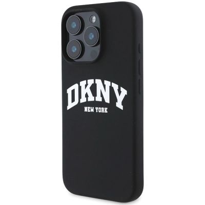 2. DKNY Silikon-MagSafe-Hülle mit weißem bedrucktem Logo für iPhone 16 Pro – Schwarz