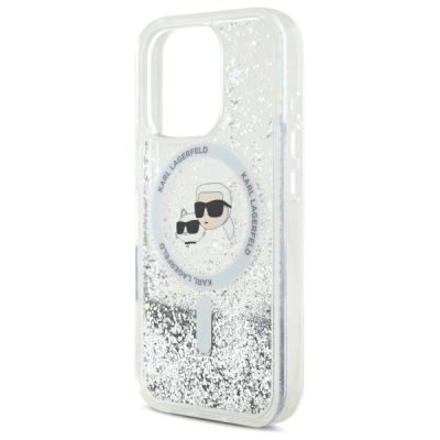 6. Karl Lagerfeld Flüssigglitzer Karl & Choupette Kopf Magsafe Hülle für iPhone 16 Pro - Transparent