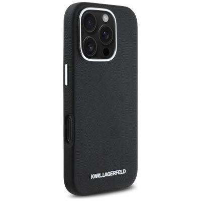 4. Karl Lagerfeld Saffiano Vollständig umwickeltes längliches Metalllogo MagSafe iPhone 16 Pro Hülle - Schwarz