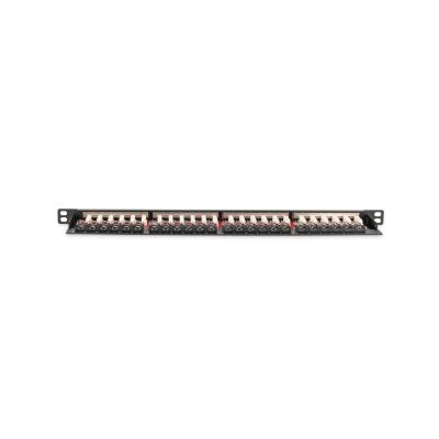 10. Hochdichtes Patchpanel 19 Zoll, 24x RJ45, LSA-Level, Cat. 6A, geschirmt, 0,5 HE, schwarz, Kabelführung
