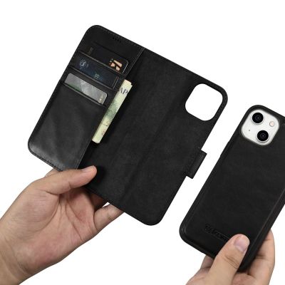 12. iCarer Oil Wax Wallet Case 2in1 Cover iPhone 14 Plus Anti-RFID Leder Flip Case Schwarz (WMI14220723-BK)