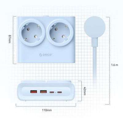 4. Orico PDC25 25W 6-in-1 Steckdosenleiste (2x Netzanschluss + 2x USB-A + 2x USB-C) – Blau