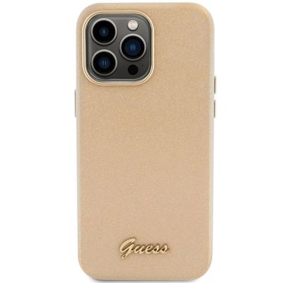 3. Guess Glitter Glossy Script Hülle für iPhone 15 Pro – Gold