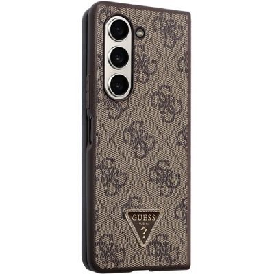 5. Guess Leder 4G Triangle Strass Hülle für Samsung Galaxy Z Fold 5 – braun