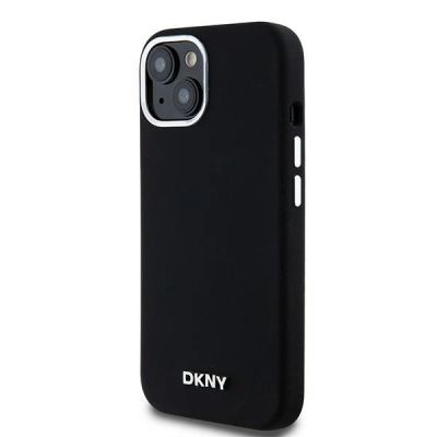2. DKNY Flüssigsilikon-MagSafe-Hülle mit kleinem Metalllogo für iPhone 15 Plus / 14 Plus – Schwarz
