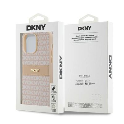 8. DKNY Lederhülle mit Monostreifen und Metalllogo für iPhone 14 Pro Max – Rosa