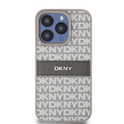 3. DKNY Lederhülle mit Monostreifen und Metalllogo für iPhone 15 Pro – Beige