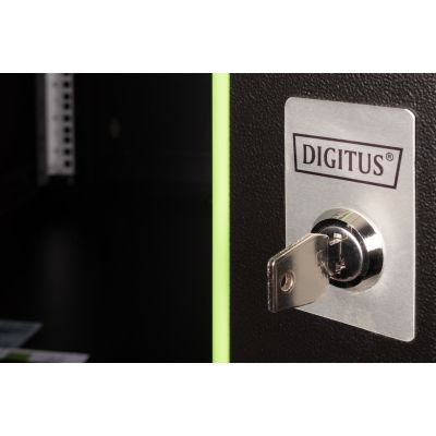 20. Digitus Unique 19" 9U Rackmount-Netzwerkschrank, 600x600 mm, Glastür, schwarz, ungeteilt, montiert, 100 kg