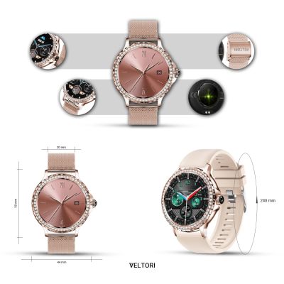 13. VELTORI VT320-1 Damen-Smartwatch, Goldarmband + rosa Silikonarmband