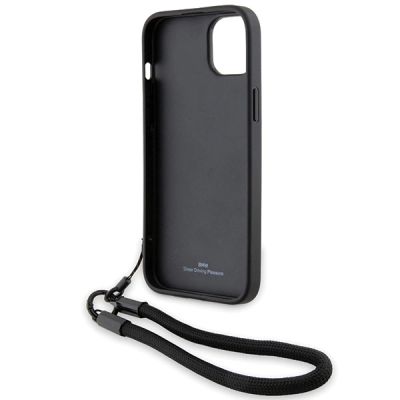 6. BMW Signature Leder-Wordmark-Cord-Hülle für iPhone 15 Plus / 14 Plus – Schwarz