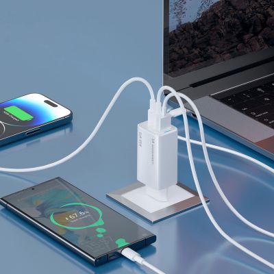 7. Wozinsky GaN 65W Ladegerät mit USB-A 2xUSB-C Anschlüssen mit 65W USB-C Kabel - Weiß