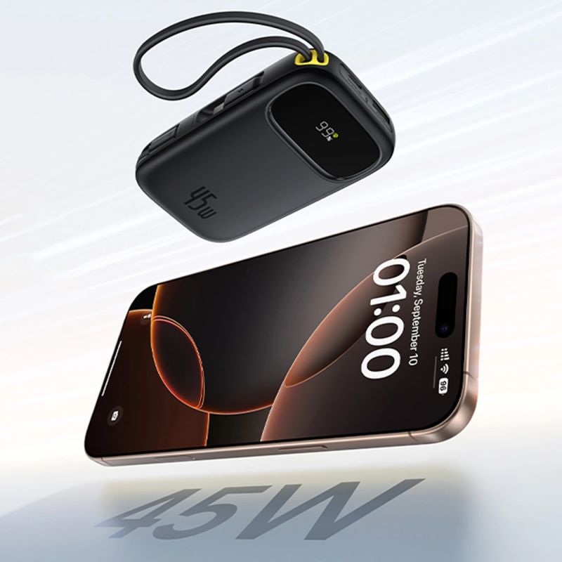 7. Baseus EnerFill FC31 20000mAh 45W Powerbank mit Display, USB-C- und Lightning Kabeln – Schwarz
