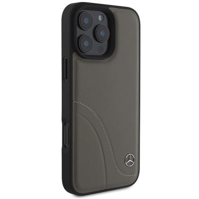 4. Mercedes MB Lederhülle mit geschwungenen Ziernähten für iPhone 16 Pro Max – Braun