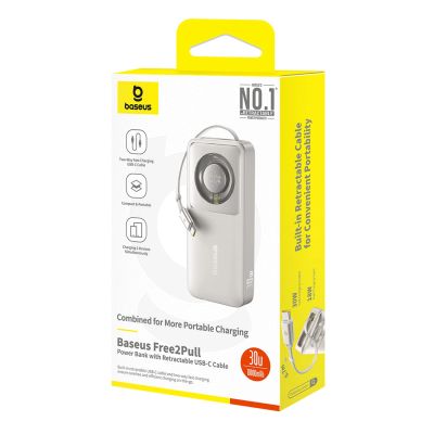 4. Baseus Free2Pull 10000 mAh 30 W Powerbank mit USB-C-Anschluss und einziehbarem USB-C-Kabel – Grau