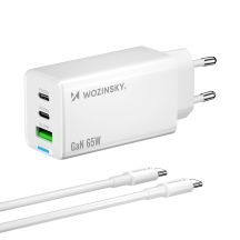 Wozinsky GaN 65W Ladegerät mit USB-A 2xUSB-C Anschlüssen mit 65W USB-C Kabel - Weiß