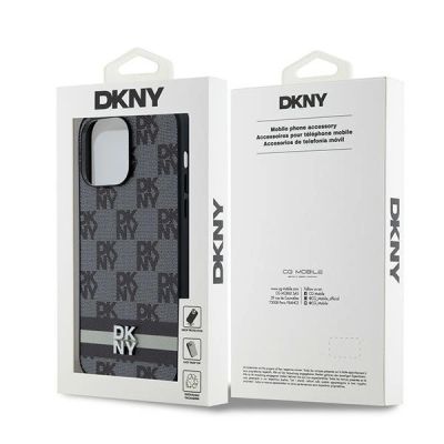 8. DKNY Lederhülle mit kariertem Monomuster und bedruckten Streifen für iPhone 14 Pro Max – Schwarz