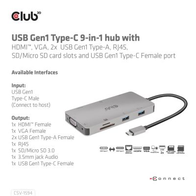 7. CLUB3D CSV-1594 USB 3.2 Gen 1 (3.1 Gen 1) Typ-C Dockingstation, Schwarz, Grau