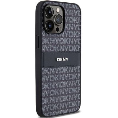 4. DKNY Lederhülle mit Monostreifen und Metalllogo für iPhone 14 Pro – Schwarz