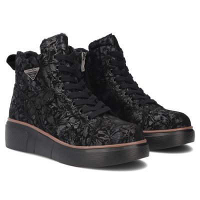 4. Schwarze Damen-Ankle-Boots aus Leder mit Keilabsatz und Blumenmuster, Filippo DBT6452