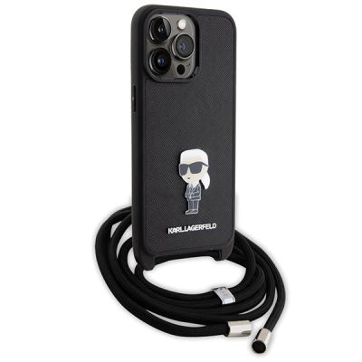 3. Karl Lagerfeld Umhängetasche mit Saffiano-Monogramm und Metallnadel, Karl & Choupette-Hülle für iPhone 15 Pro Max – Schwarz
