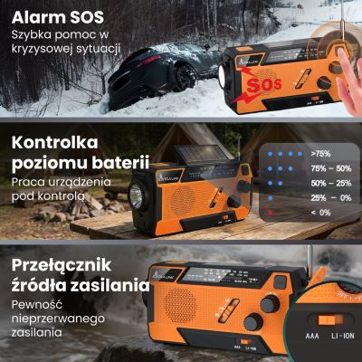 47. Extralink Solar-Notfallradio mit Kurbeldynamo-Powerbank (4000 mAh) und SOS-Taschenlampe SR-4000, tragbar, analog, Schwarz/Orange