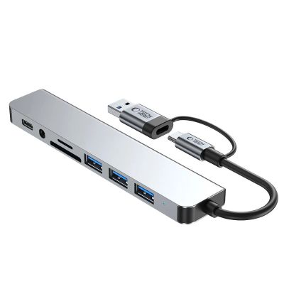 3. Tech-Protect HB06 HUB Adapter 8in1 TYPE-C + USB2.0 + USB3.0 + SD/TF + AV3.5 - grau