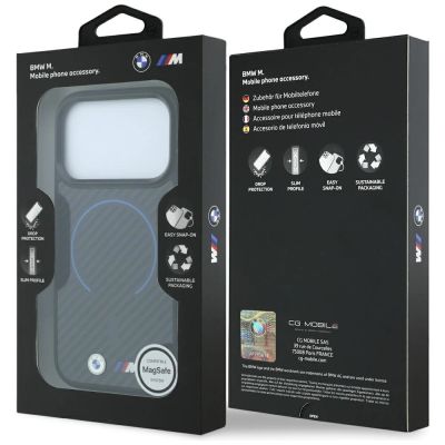 8. BMW M Kevlar Blue Print Ring Metal Logo MagSafe Hülle für iPhone 18 Pro Max / 17 Pro Max - Schwarz