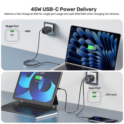 39. UNITEK 2x GAN 45W Ladegerät, 2x USB-C PD 3.0, QC, Schwarz