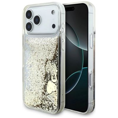 Guess Liq. Glitter 4 Charms Hülle für iPhone 17 Pro Max – Gold