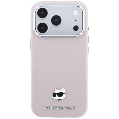 3. Karl Lagerfeld MagSafe-Schutzhülle mit Choupette-Kopf-Motiv aus genarbtem Metall für iPhone 17 Pro / 18 Pro – Pink