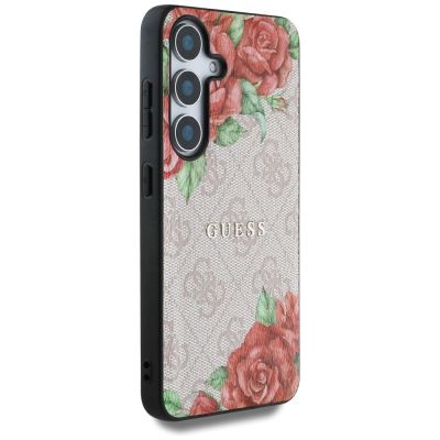 4. Guess Leather 4G Flowers Print Metal Classic Logo MagSafe Hülle für Samsung Galaxy S25 - Rosa