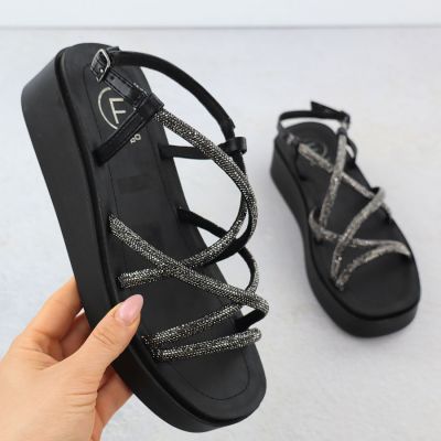 Damen-Keilsandalen im römischen Stil mit Zirkonia, schwarz, Filippo DS6898