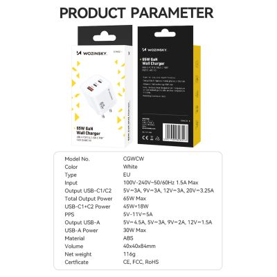 5. Wozinsky CGWCW 65W GaN Wandladegerät USB-A / 2 x USB-C - Weiß